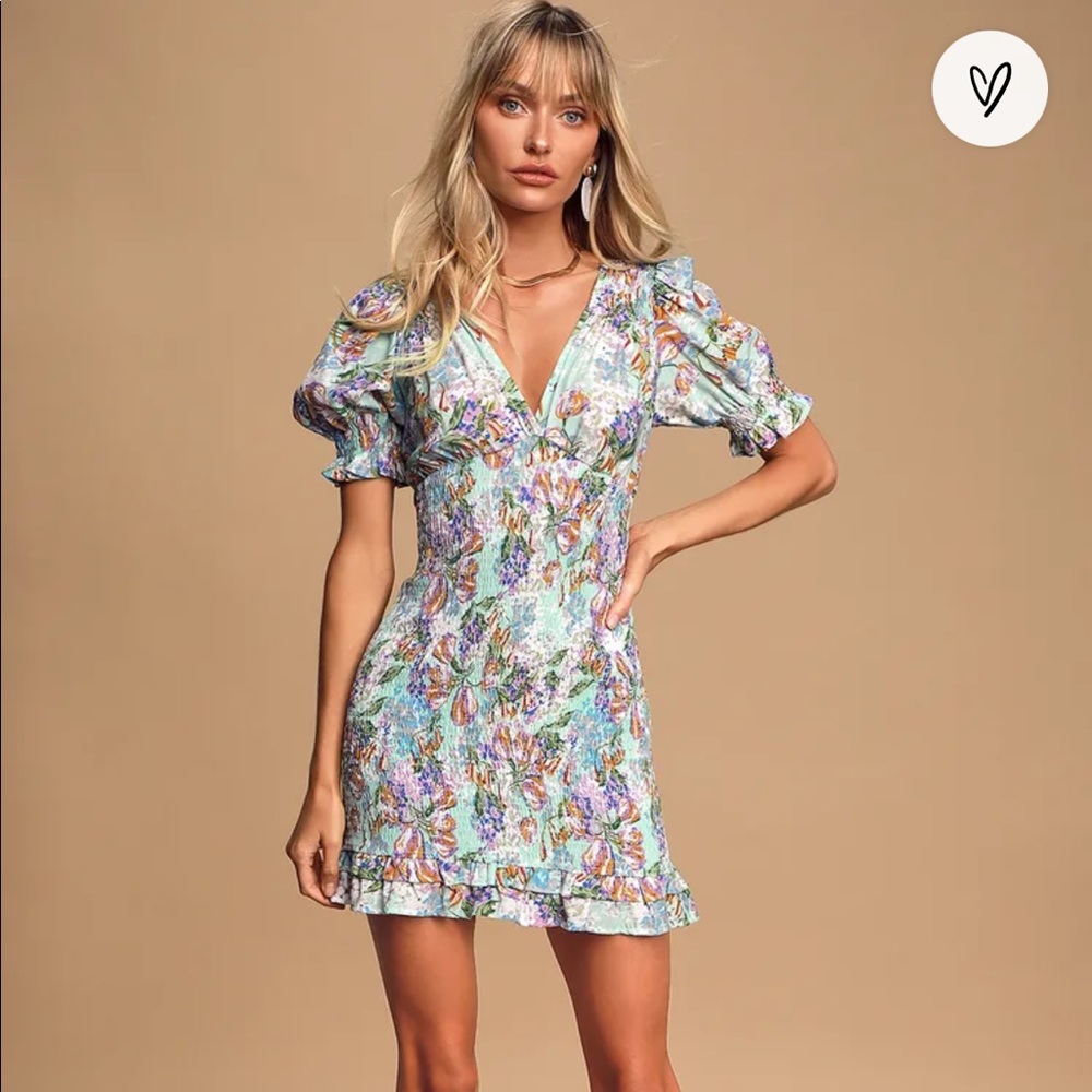 Lulus Mint Blue Floral Print Smocked Bodycon Dress size Medium